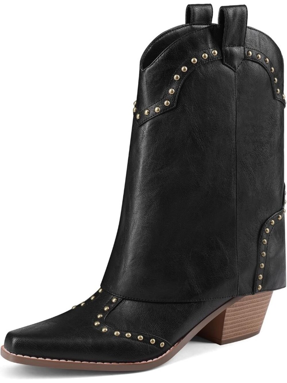 Women's Black Fold Over Ankle Chunky Heel Snip Toe Studded Shark Cowgirl Boots